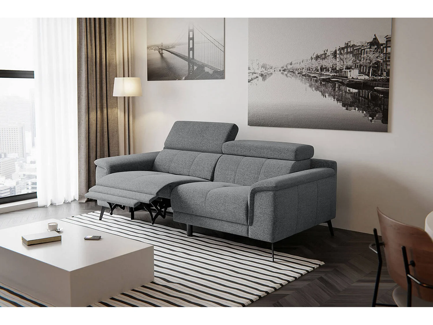 FIERO Sofa 3-Sitzer mit 1 Relaxfunktion und verstellbare Kopfstützen, grau