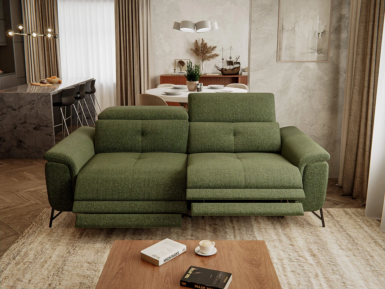 Canapé droit 3 places avec 2 relax électriques tissu vert - AVENA