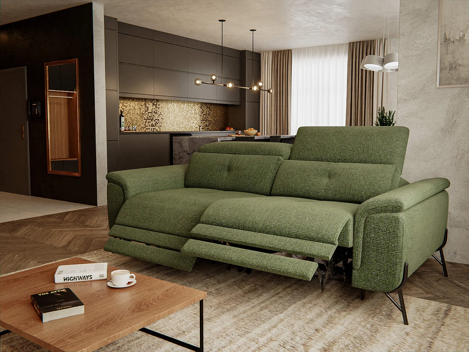 Canapé droit 3 places avec 2 relax électriques tissu vert - AVENA