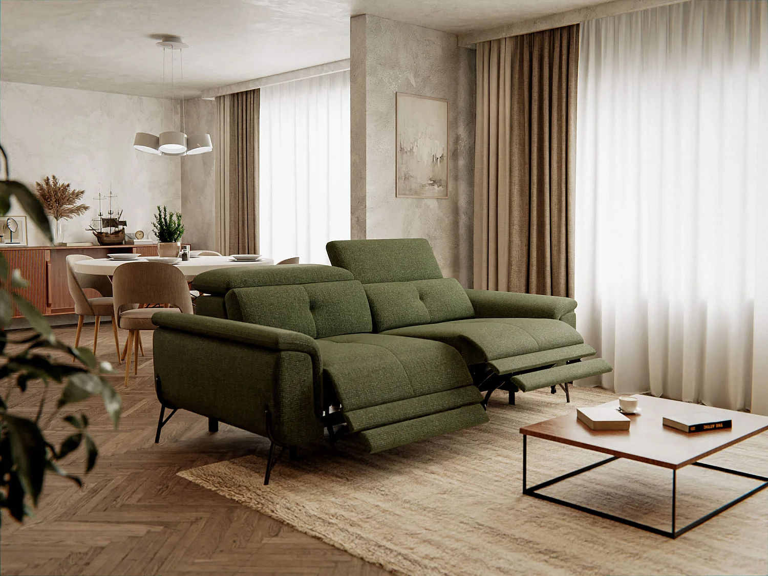 Canapé droit 3 places avec 2 relax électriques tissu vert - AVENA