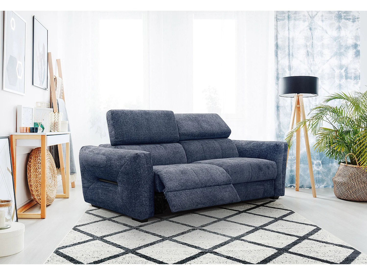 CALVERA Sofa 3-Sitzer mit 1 Relaxfunktion und verstellbare Kopfstützen, dunkelblau