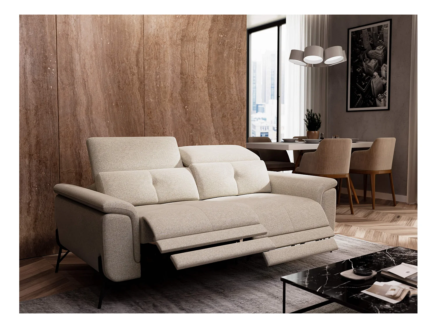 Canapé droit 3 places avec 2 relax électriques tissu beige clair - AVENA