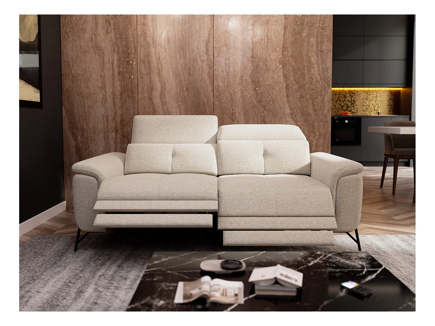 Canapé droit 3 places avec 2 relax électriques tissu beige clair - AVENA