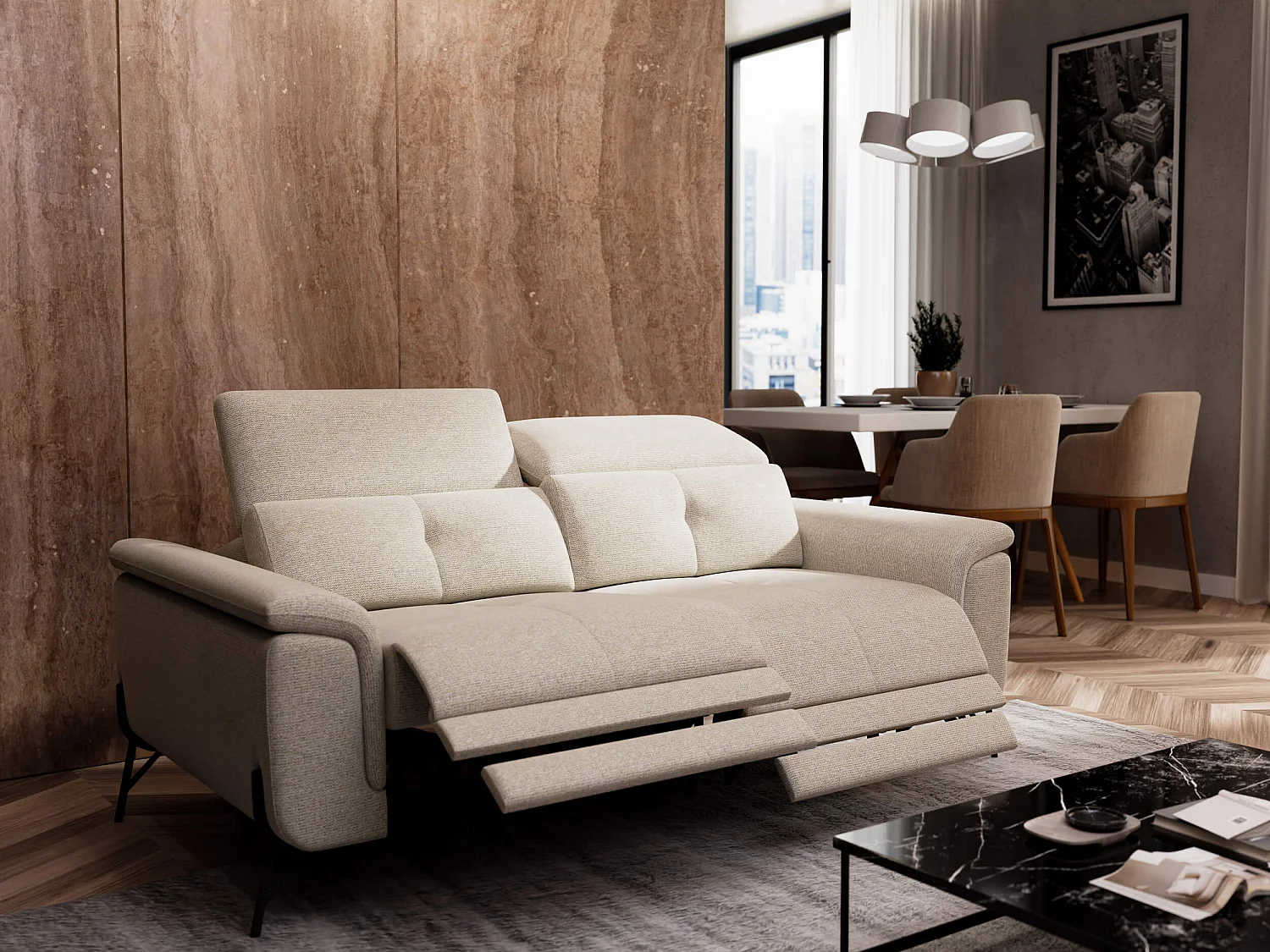 Canapé droit 3 places avec 2 relax électriques tissu beige clair - AVENA