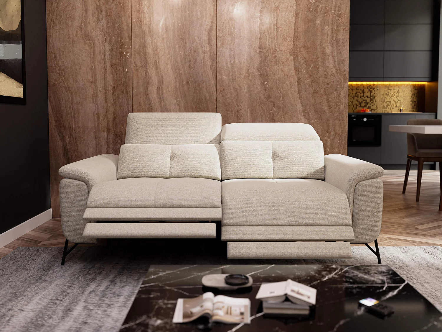 Canapé droit 3 places avec 2 relax électriques tissu beige clair - AVENA