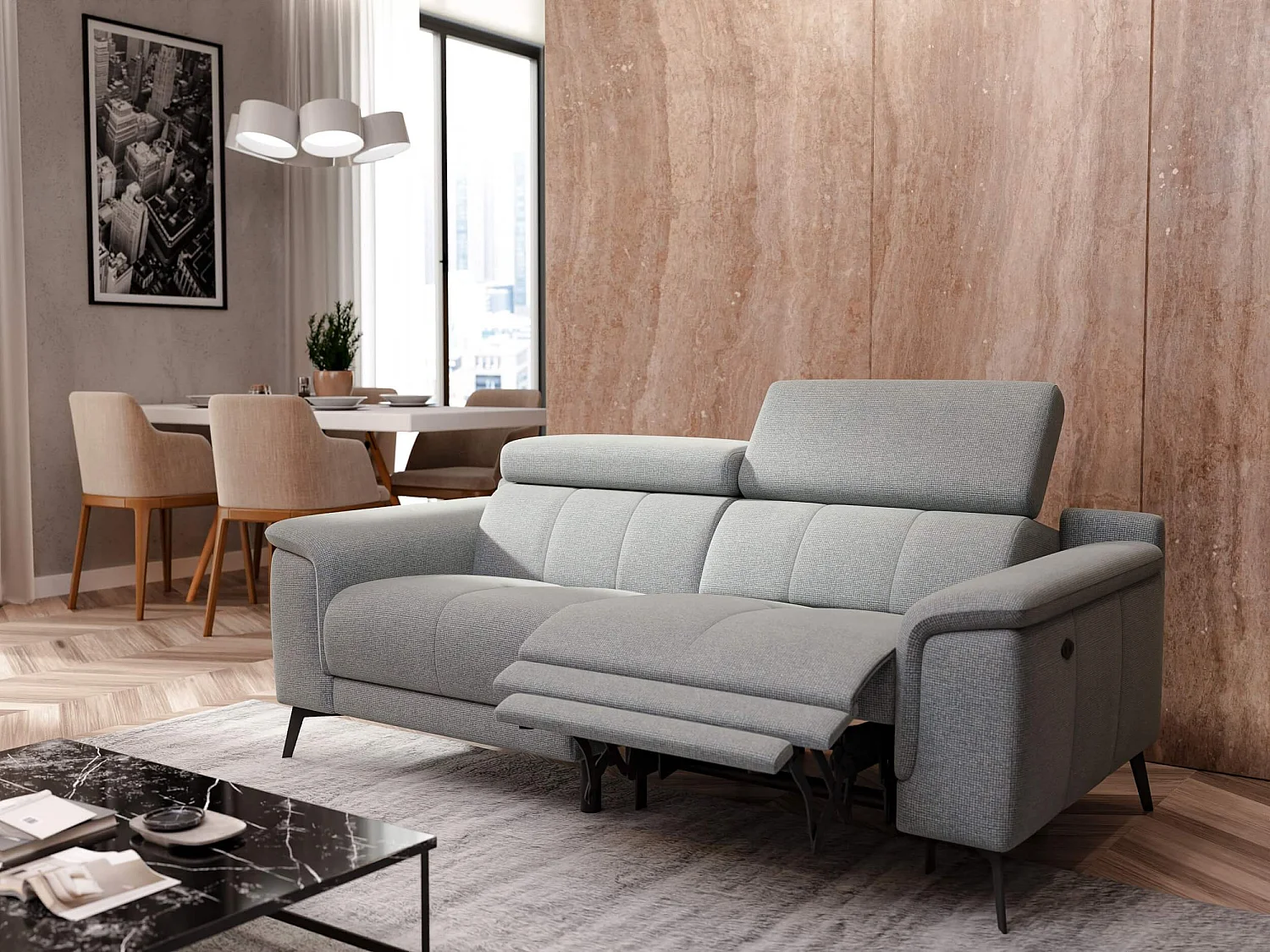 FIERO Sofa 3-Sitzer mit 1 Relaxfunktion und verstellbare Kopfstützen, silbergrau