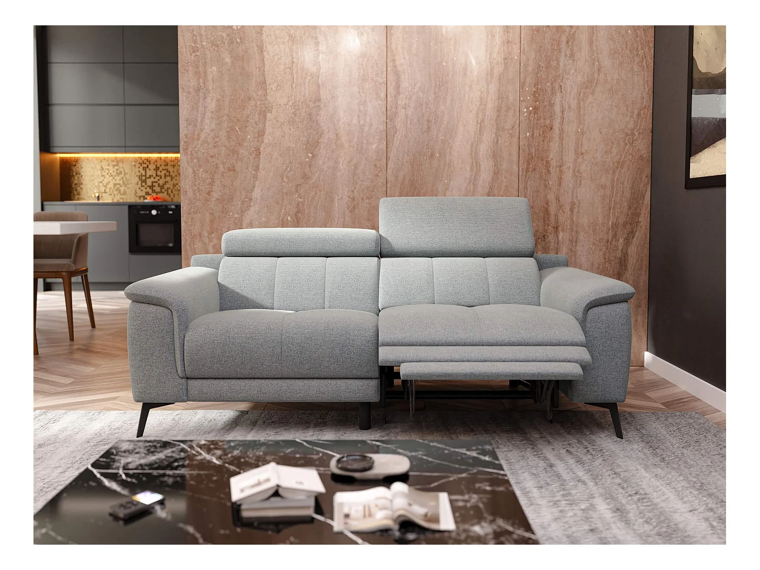 Canapé droit Fiero 3 places avec un relax électrique côté droit tissu gris clair