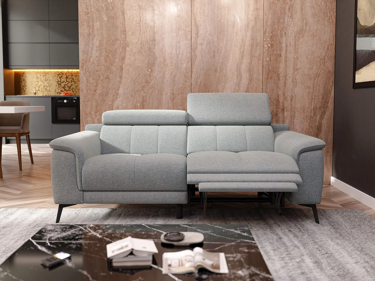 Canapé droit Fiero 3 places avec un relax électrique côté droit tissu gris clair