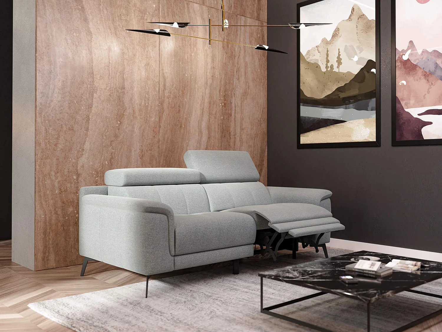 Canapé droit Fiero 3 places avec un relax électrique côté droit tissu gris clair