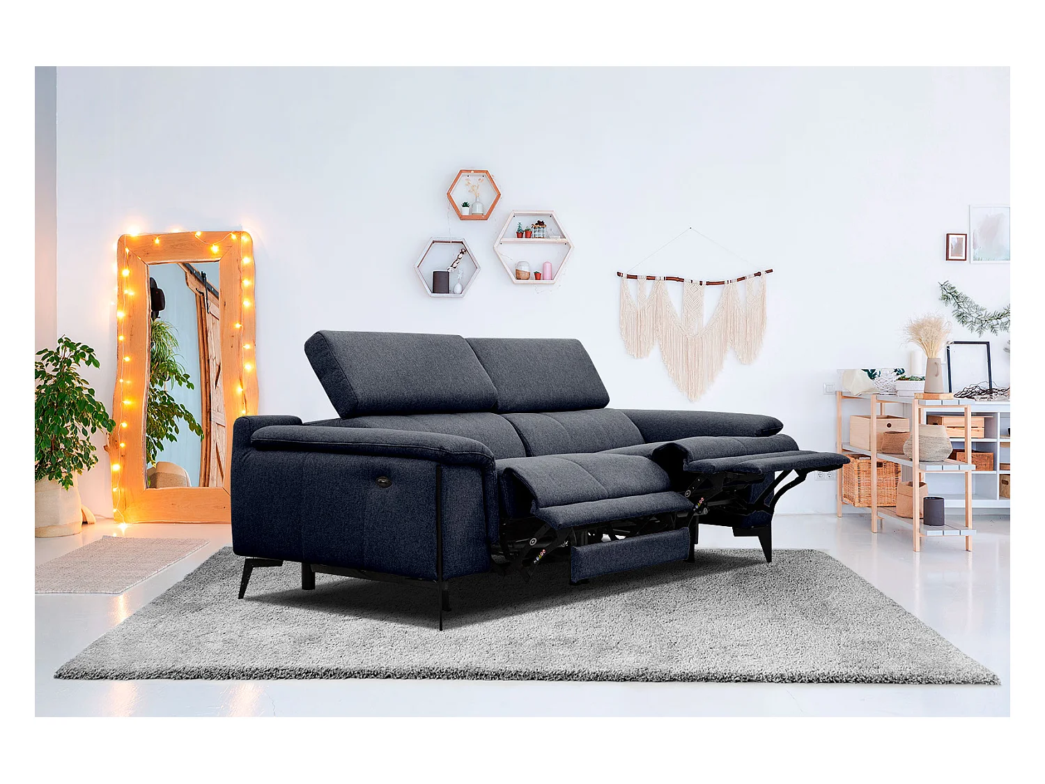 MATERA Sofa 3-Sitzer mit 2 Relaxfunktionen und verstellbare Kopfstützen, marineblau