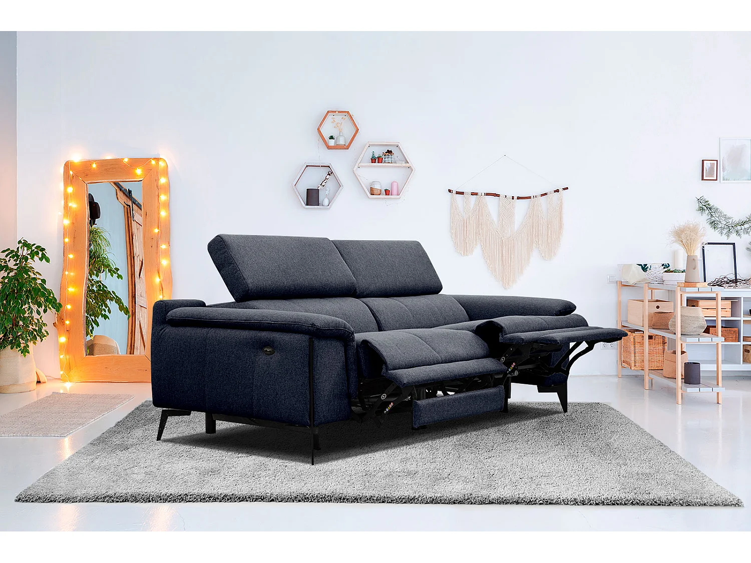 MATERA Sofa 3-Sitzer mit 2 Relaxfunktionen und verstellbare Kopfstützen, marineblau
