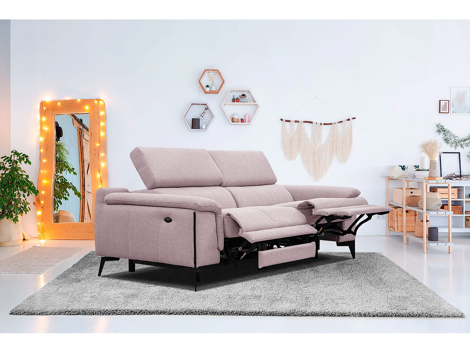 MATERA Sofa 3-Sitzer mit 2 Relaxfunktionen und verstellbare Kopfstützen, rosé