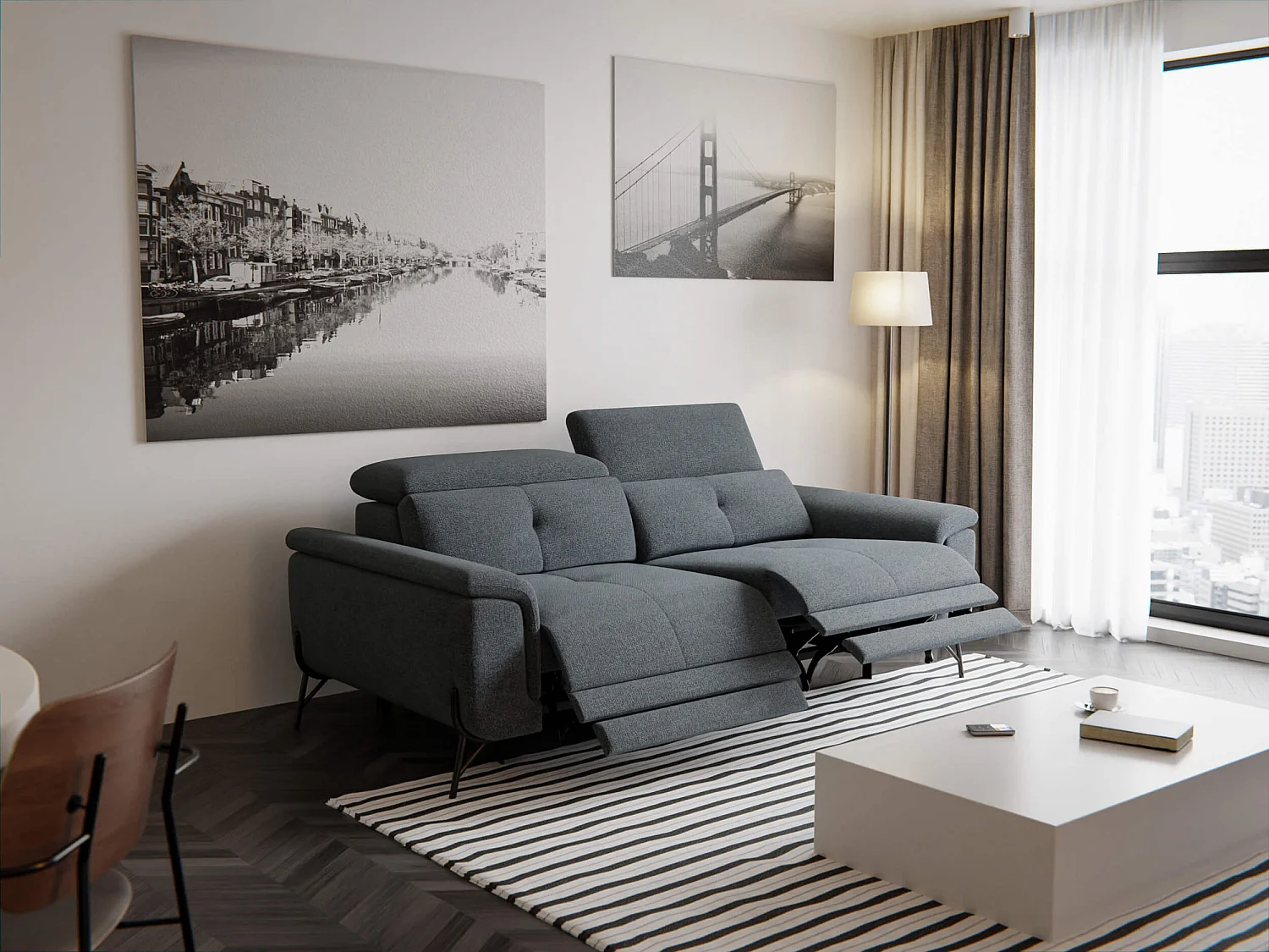 Canapé droit 3 places avec 2 relax électriques tissu gris foncé - AVENA