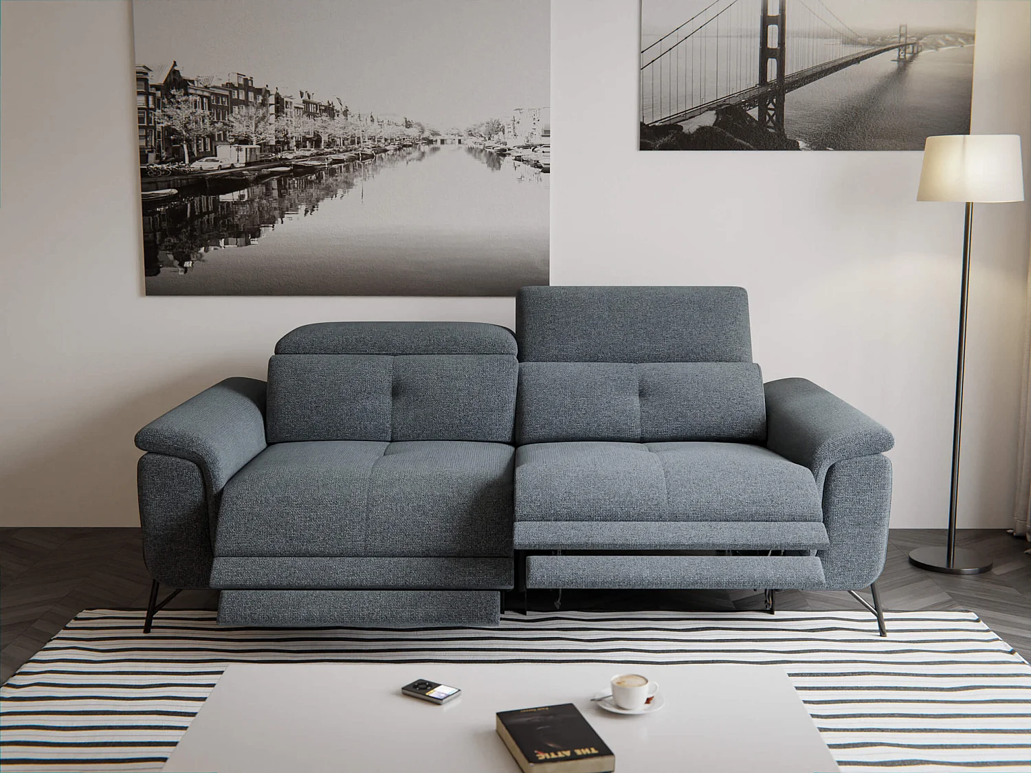 Canapé droit 3 places avec 2 relax électriques tissu gris foncé - AVENA