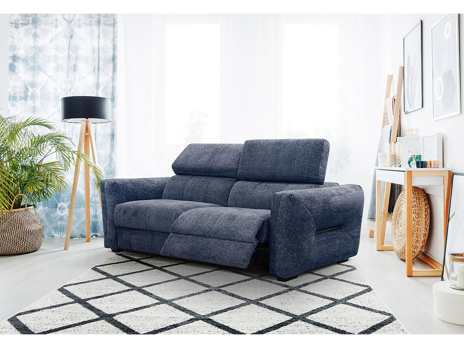 CALVERA Sofa 3-Sitzer mit 1 Relaxfunktion und verstellbare Kopfstützen, dunkelblau