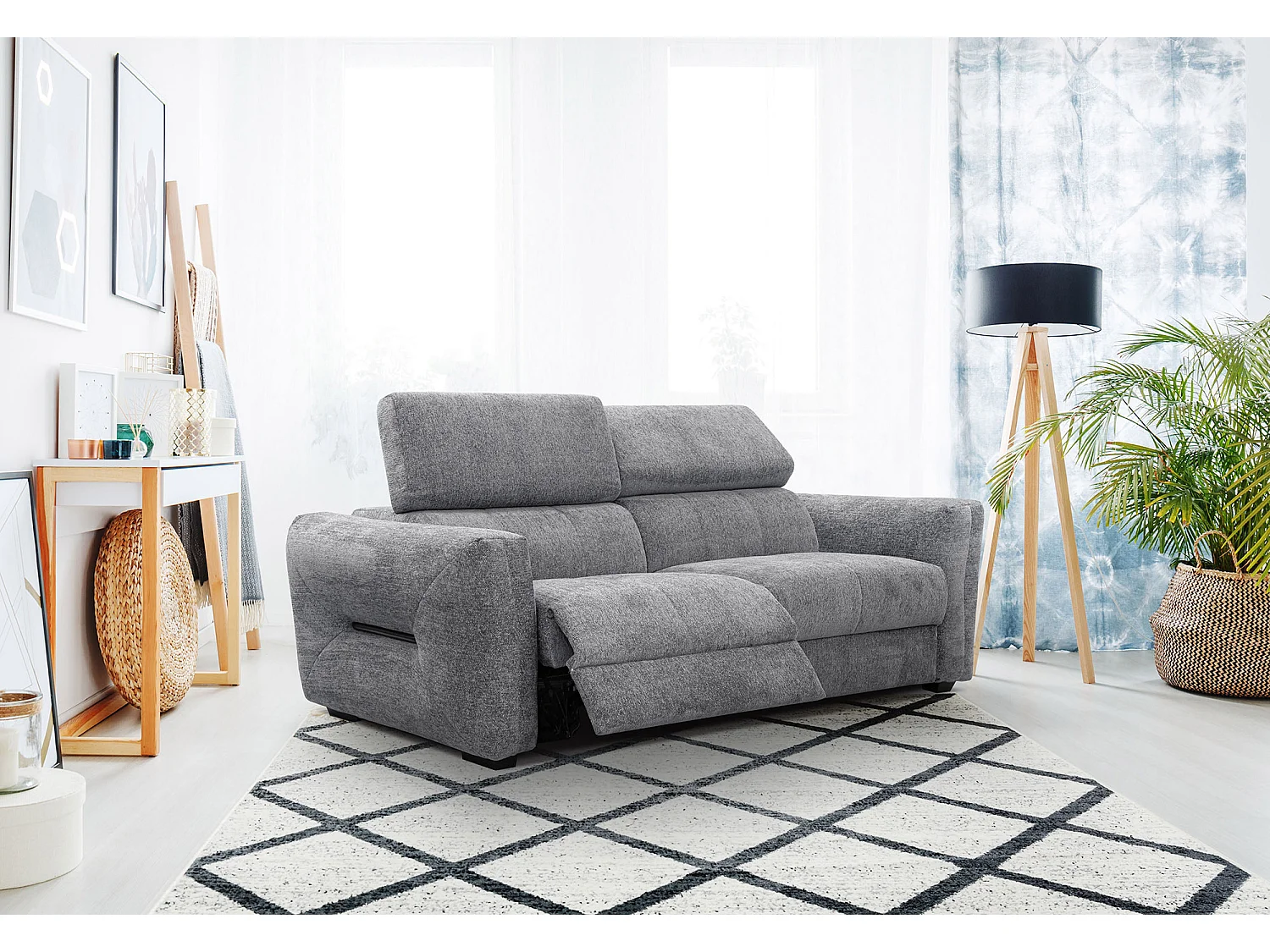 Canapé droit Calvera 3 places avec 2 relax électriques tissu gris moyen