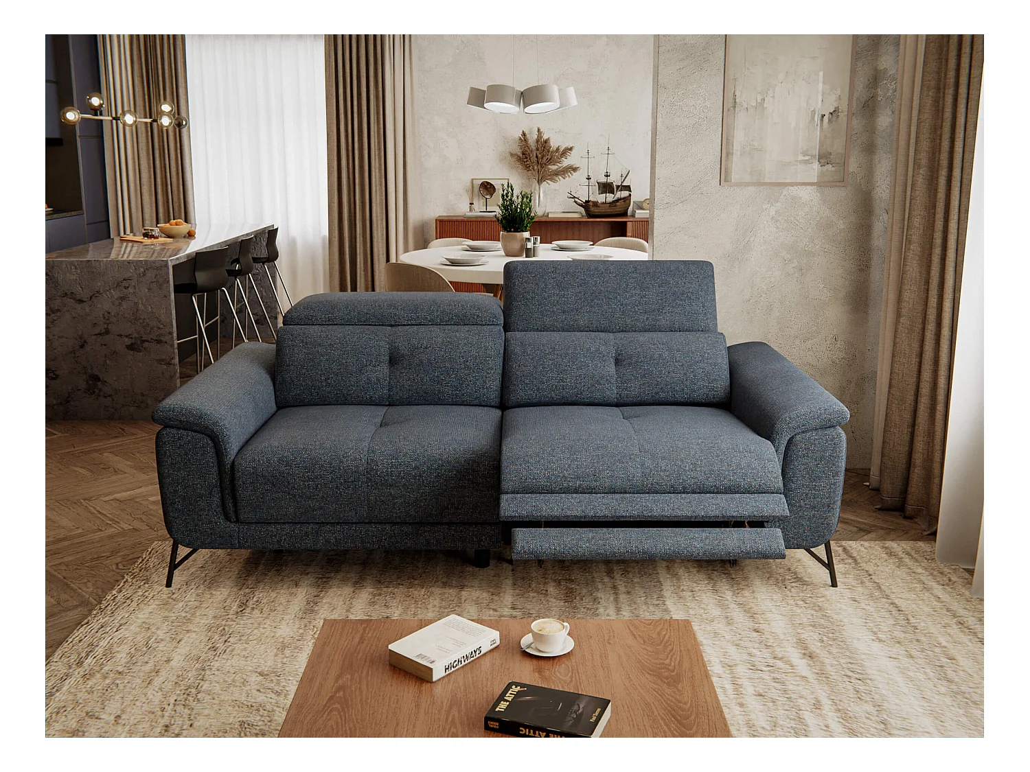 AVENA Sofa 3-Sitzer mit 1 Relaxfunktion und verstellbare Kopfstützen, marineblau