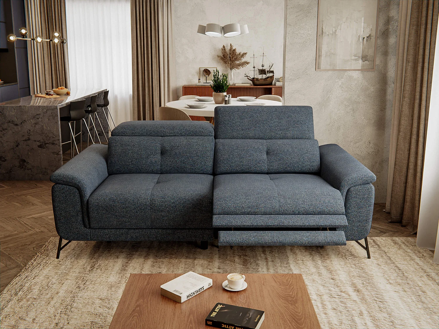 AVENA Sofa 3-Sitzer mit 1 Relaxfunktion und verstellbare Kopfstützen, marineblau