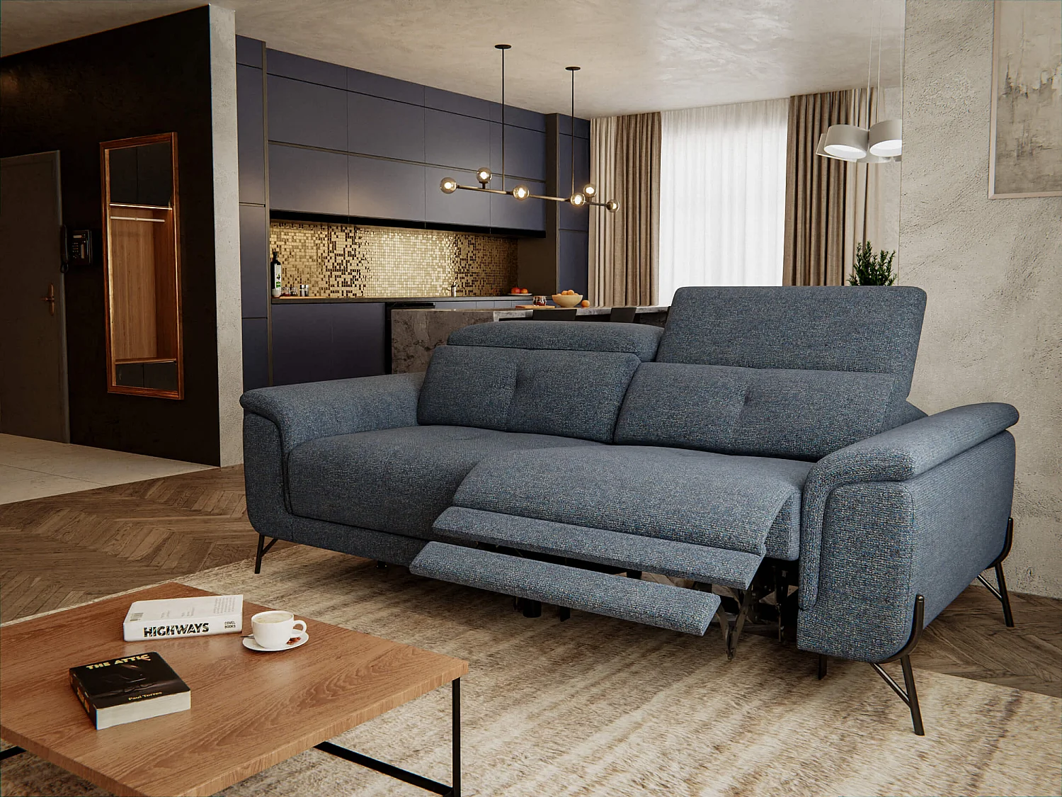 AVENA Sofa 3-Sitzer mit 1 Relaxfunktion und verstellbare Kopfstützen, marineblau