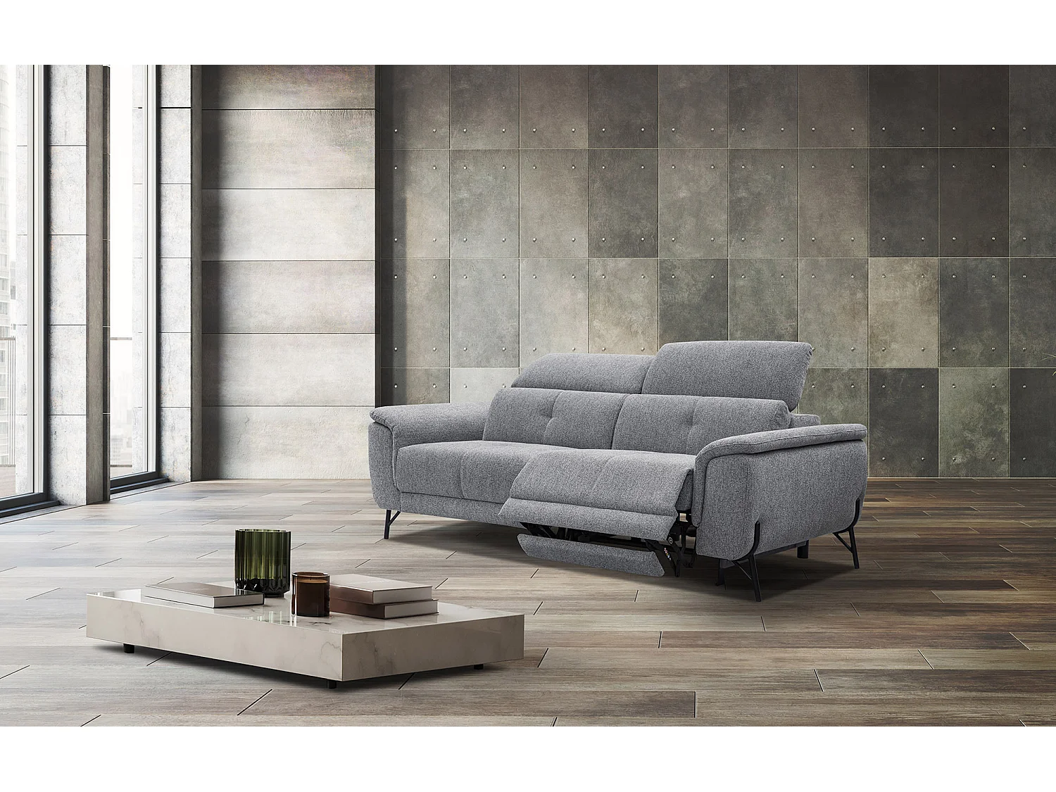 AVENA Sofa 3-Sitzer mit 1 Relaxfunktion und verstellbare Kopfstützen, grau