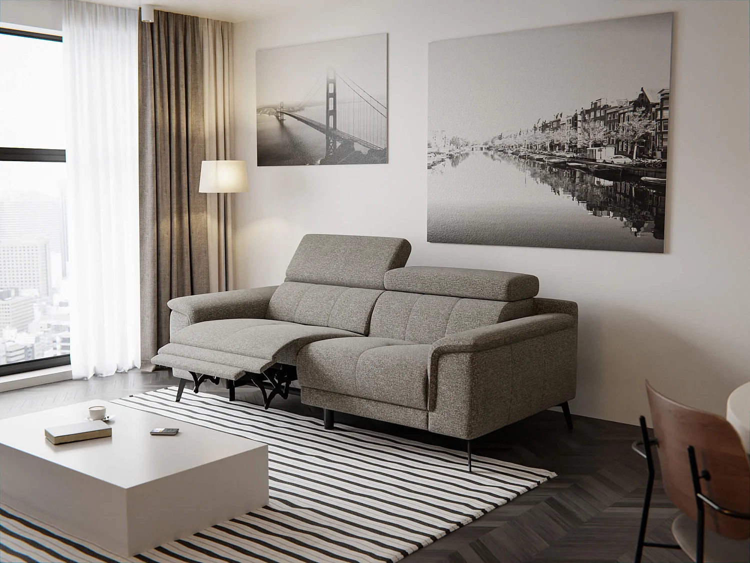 FIERO Sofa 3-Sitzer mit 1 Relaxfunktion und verstellbare Kopfstützen, taupe