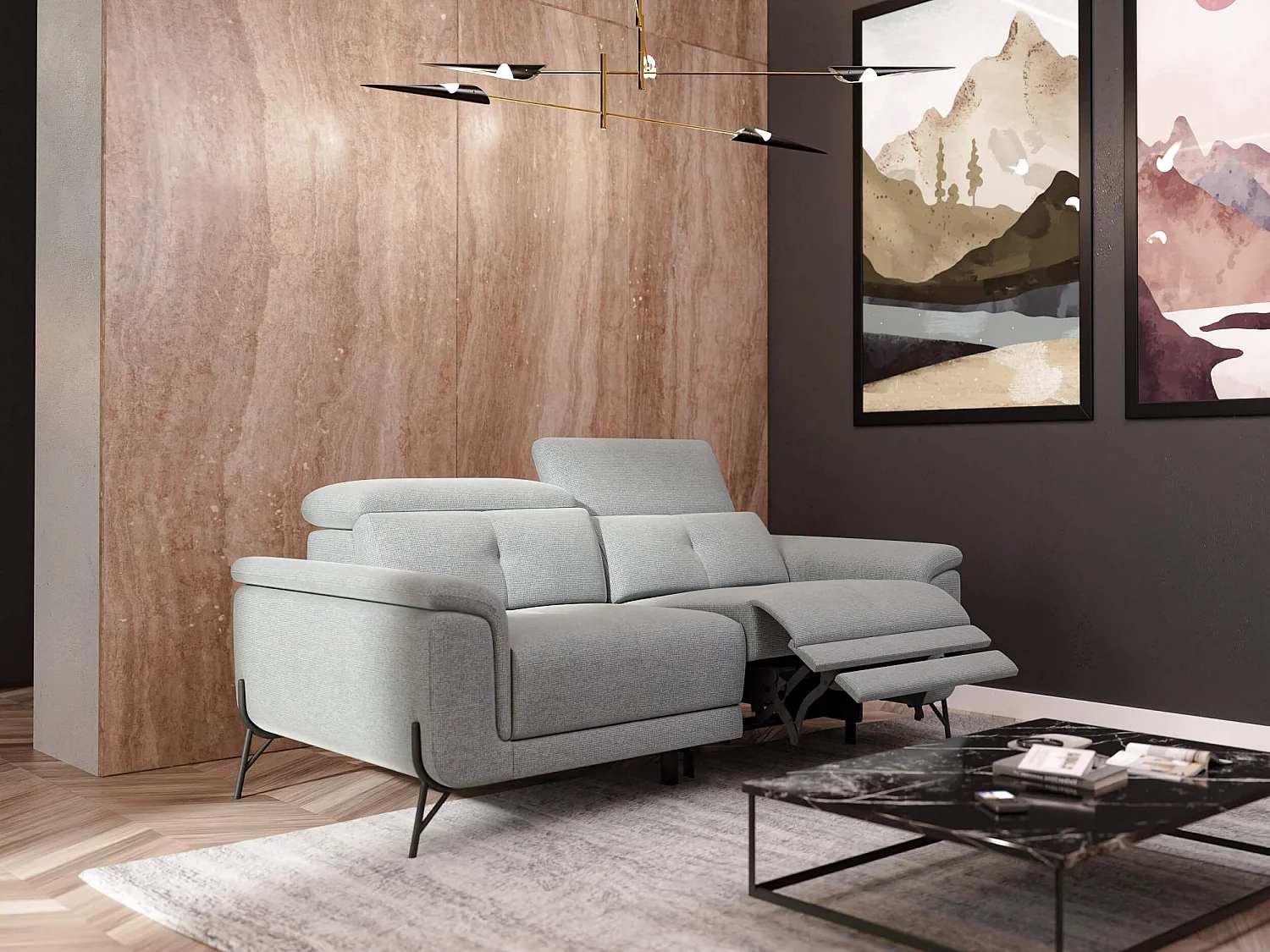 AVENA Sofa 3-Sitzer mit 1 Relaxfunktion und verstellbare Kopfstützen, silbergrau