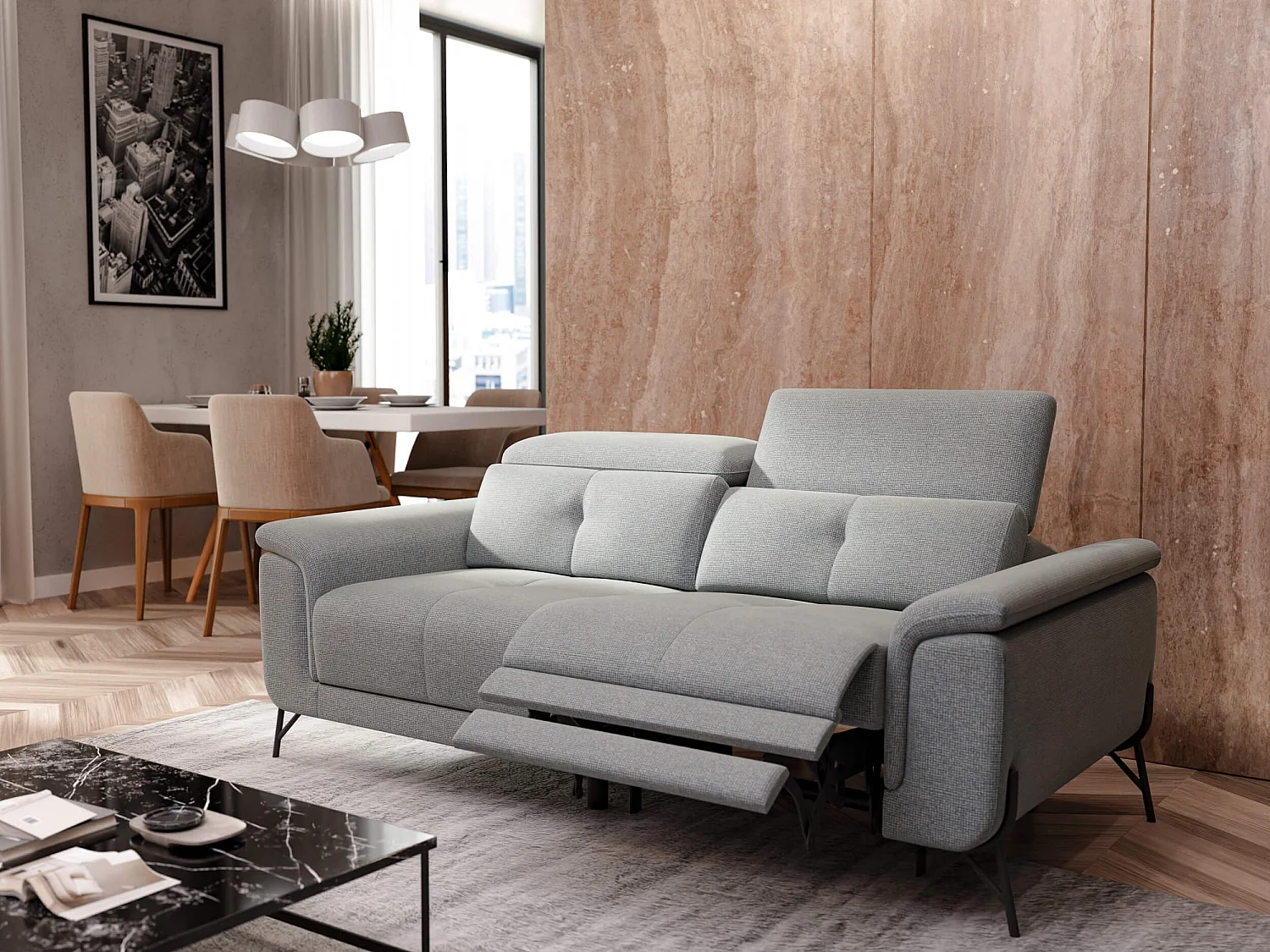 AVENA Sofa 3-Sitzer mit 1 Relaxfunktion und verstellbare Kopfstützen, silbergrau