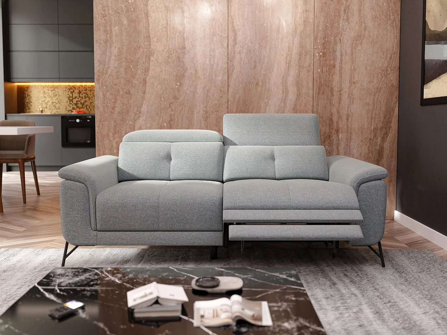 AVENA Sofa 3-Sitzer mit 1 Relaxfunktion und verstellbare Kopfstützen, silbergrau