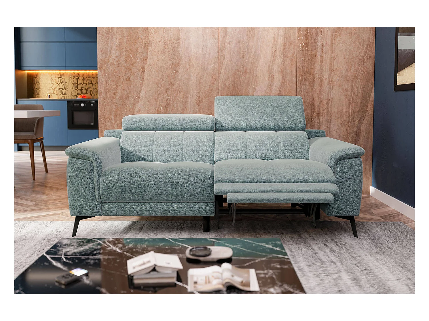 Canapé droit Fiero 3 places avec un relax électrique côté droit tissu bleu clair