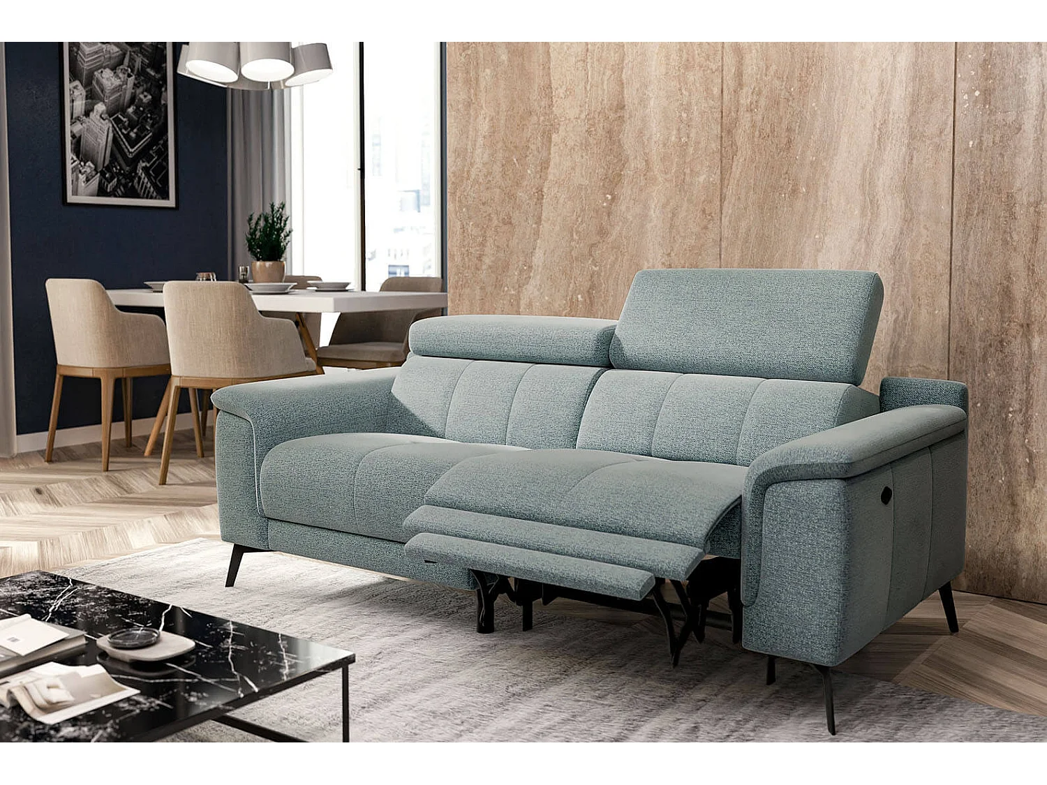 Canapé droit Fiero 3 places avec un relax électrique côté droit tissu bleu clair