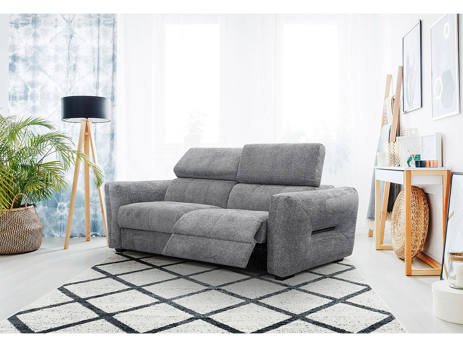 CALVERA Sofa 3-Sitzer mit 1 Relaxfunktion und verstellbare Kopfstützen, grau