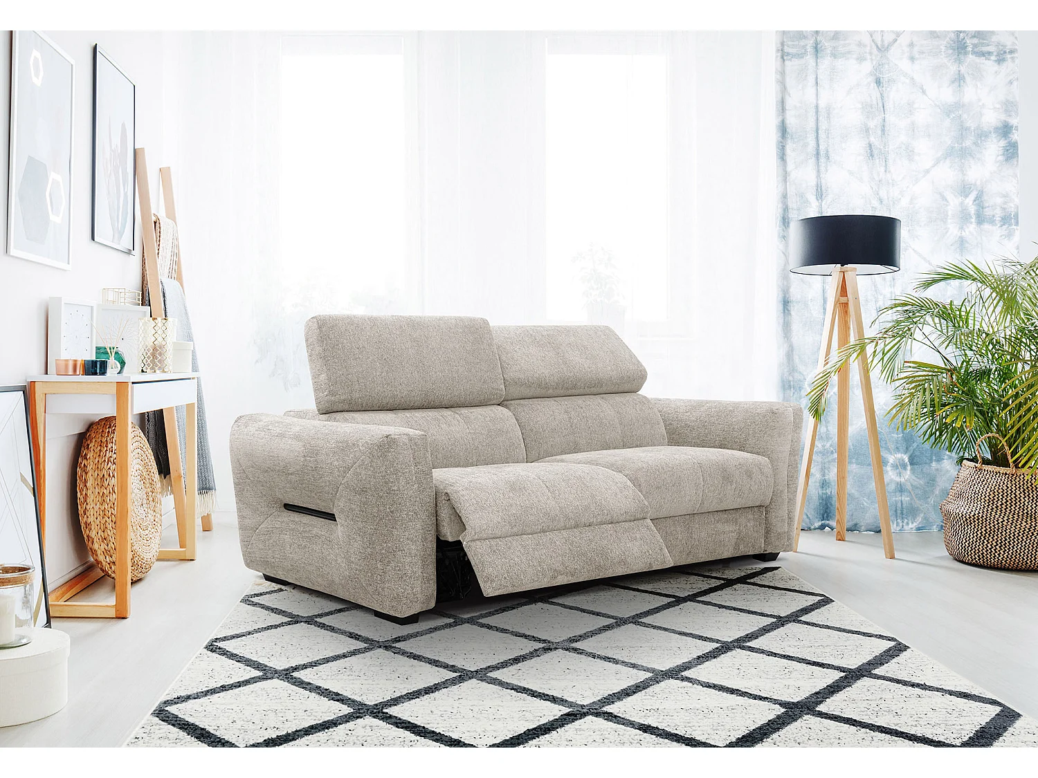 CALVERA Sofa 3-Sitzer mit 2 Relaxfunktionen und verstellbare Kopfstützen, ecru