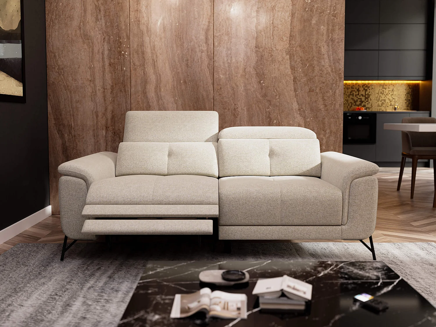 AVENA Sofa 3-Sitzer mit 1 Relaxfunktion und verstellbare Kopfstützen, creme
