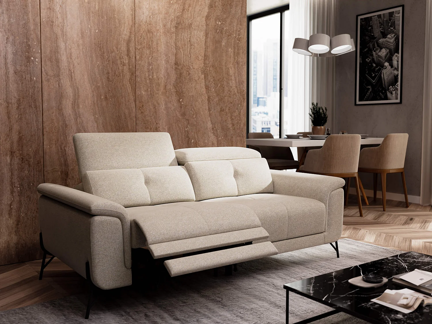 AVENA Sofa 3-Sitzer mit 1 Relaxfunktion und verstellbare Kopfstützen, creme