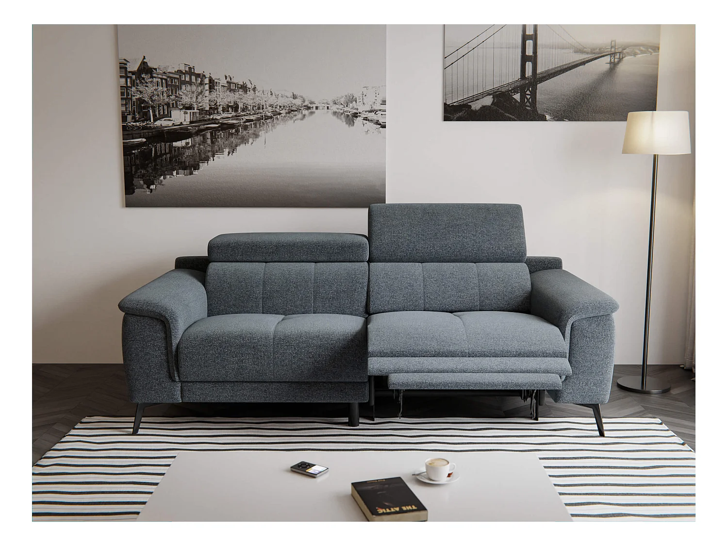Canapé droit Fiero 3 places avec un relax électrique côté droit tissu gris foncé