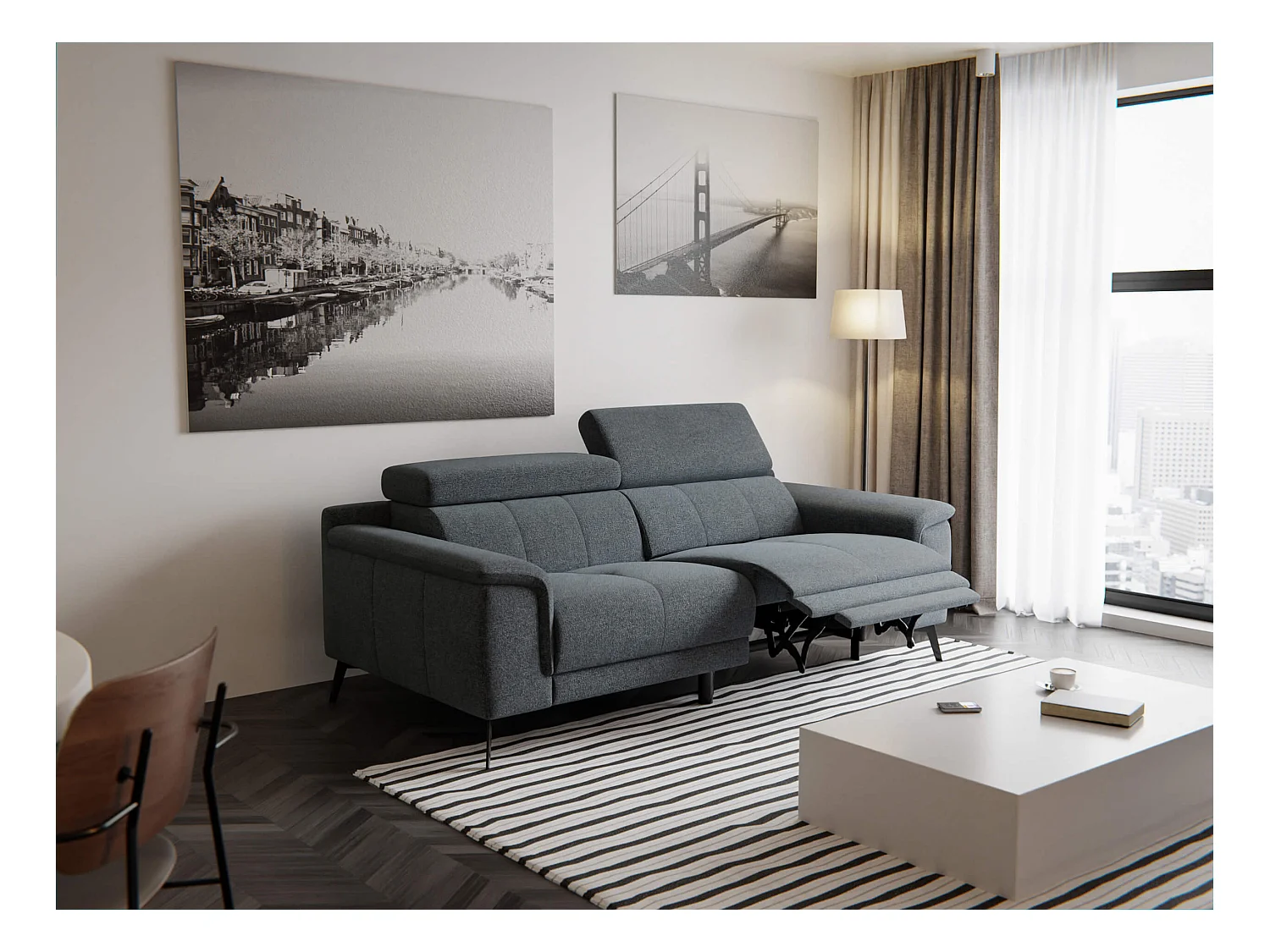 Canapé droit Fiero 3 places avec un relax électrique côté droit tissu gris foncé