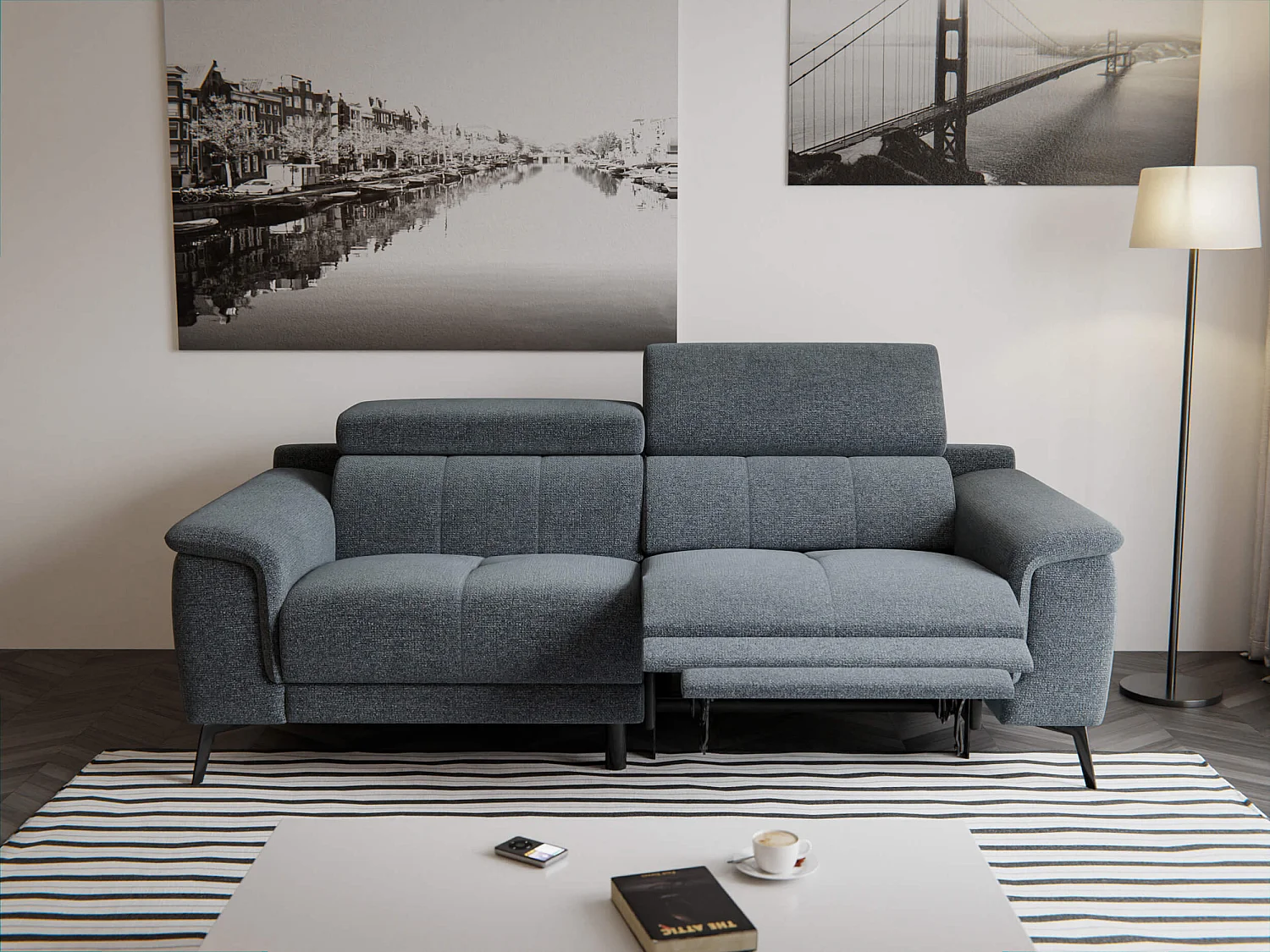 Canapé droit Fiero 3 places avec un relax électrique côté droit tissu gris foncé