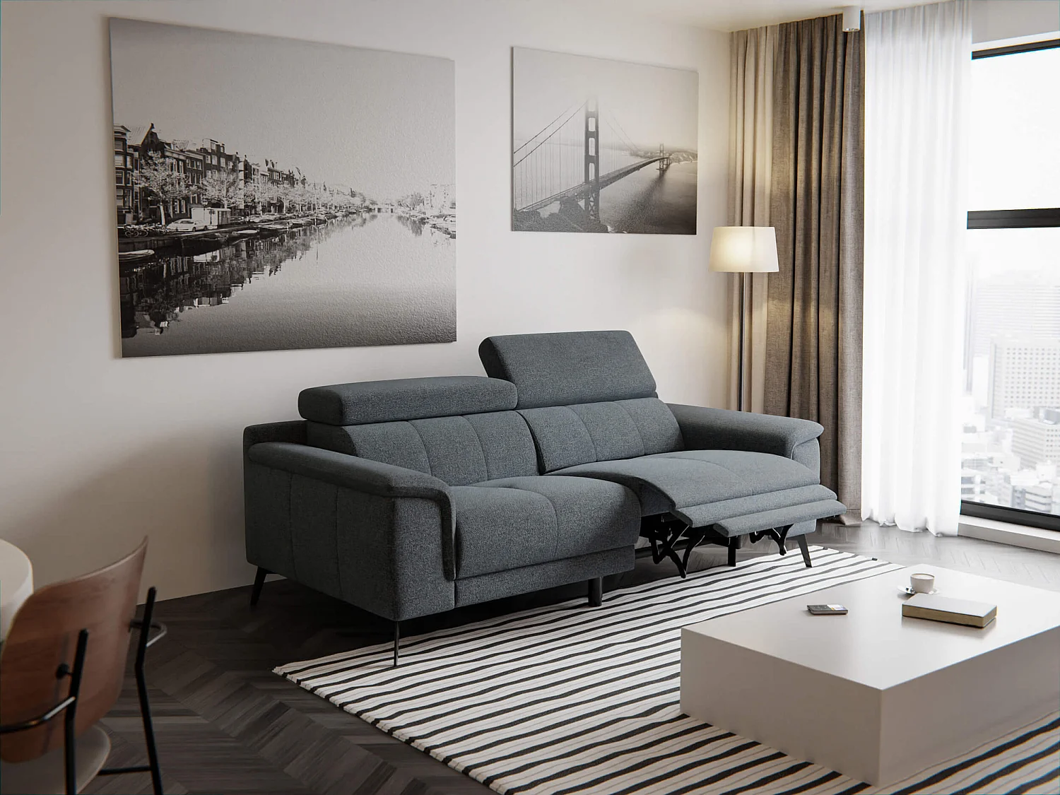 FIERO Sofa 3-Sitzer mit 1 Relaxfunktion und verstellbare Kopfstützen, dunkelgrau