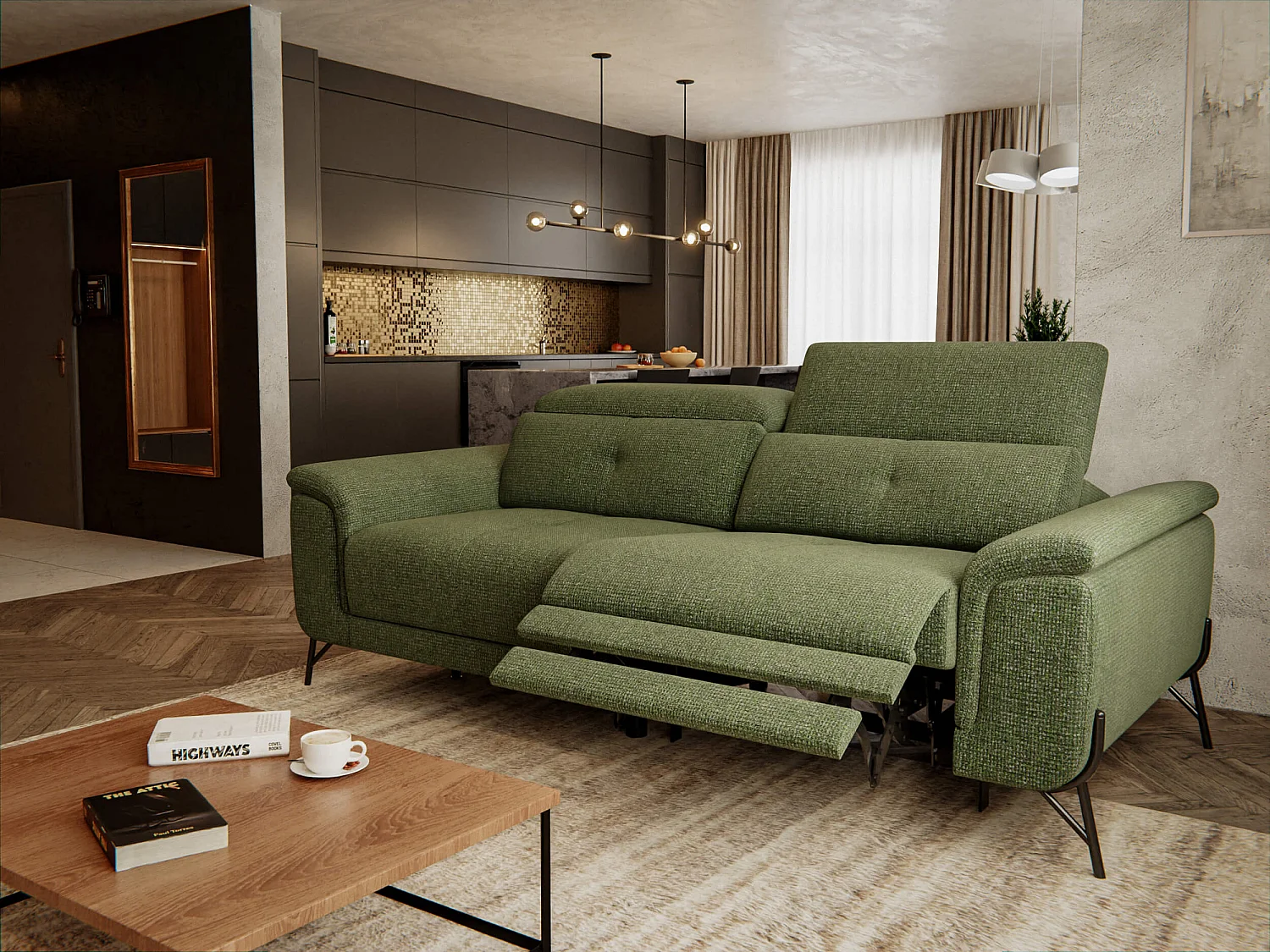 Canapé droit 3 places avec un relax électrique à droite tissu vert - AVENA