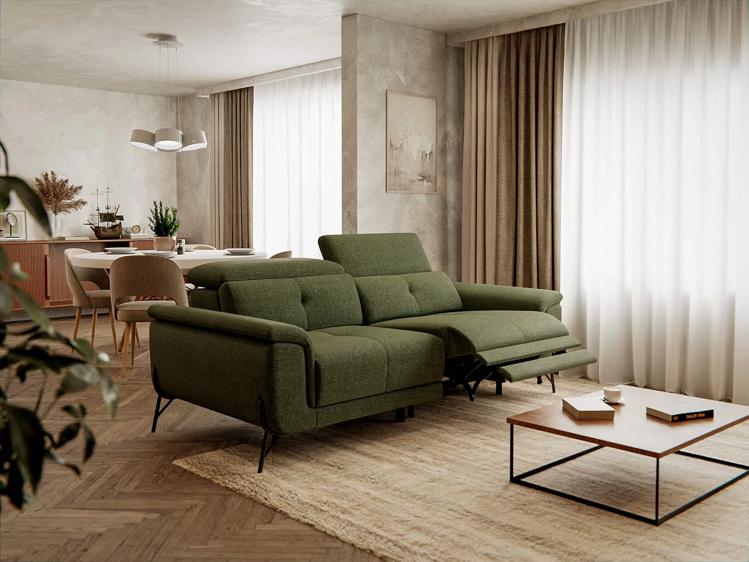 AVENA Sofa 3-Sitzer mit 1 Relaxfunktion und verstellbare Kopfstützen, olive