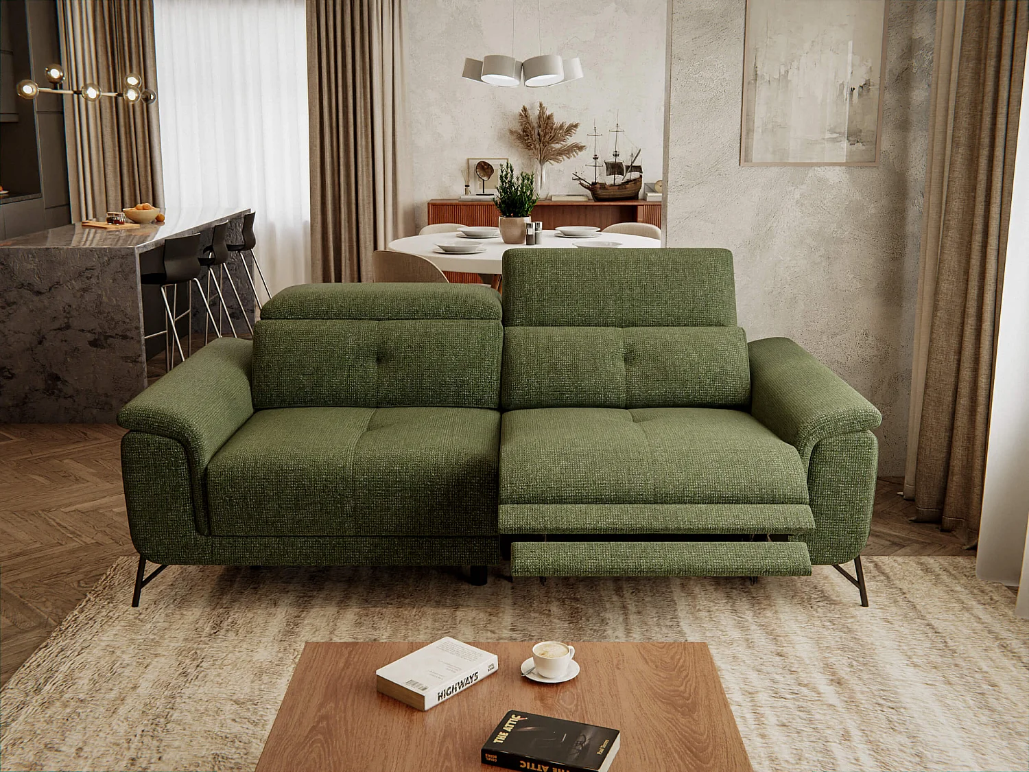 AVENA Sofa 3-Sitzer mit 1 Relaxfunktion und verstellbare Kopfstützen, olive