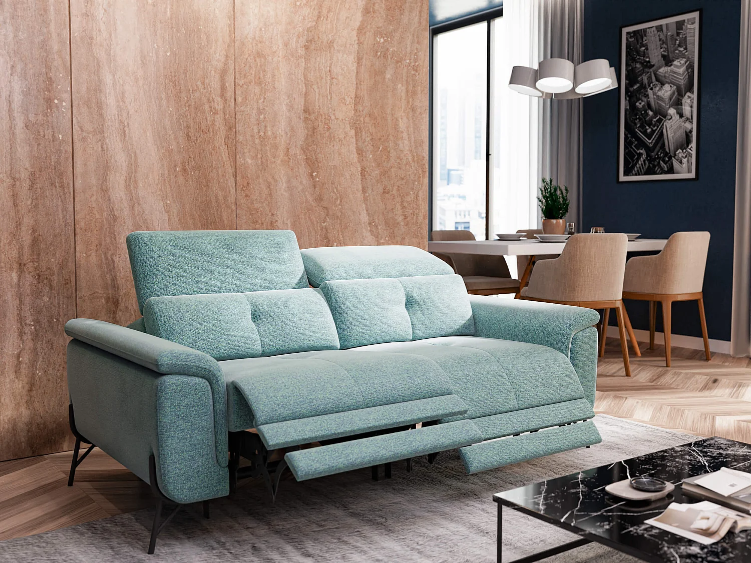 AVENA Sofa 3-Sitzer mit 2 Relaxfunktionen und verstellbare Kopfstützen, mint