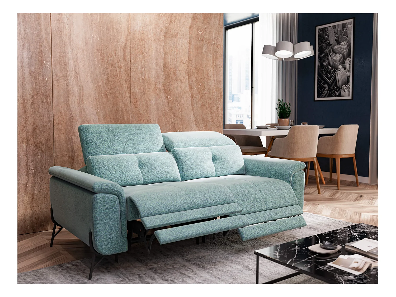 Canapé droit 3 places avec 2 relax électriques tissu bleu clair - AVENA