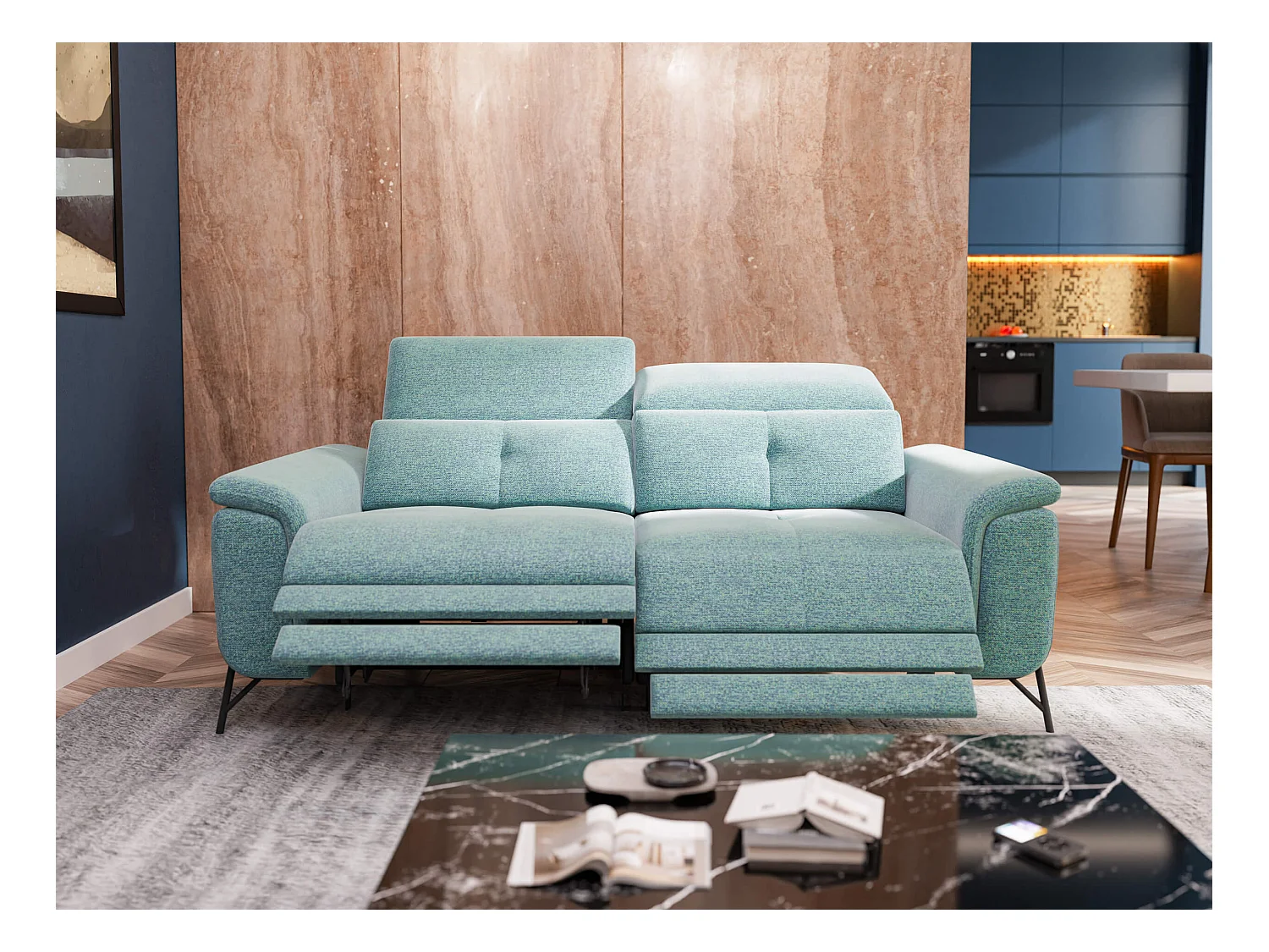 Canapé droit 3 places avec 2 relax électriques tissu bleu clair - AVENA