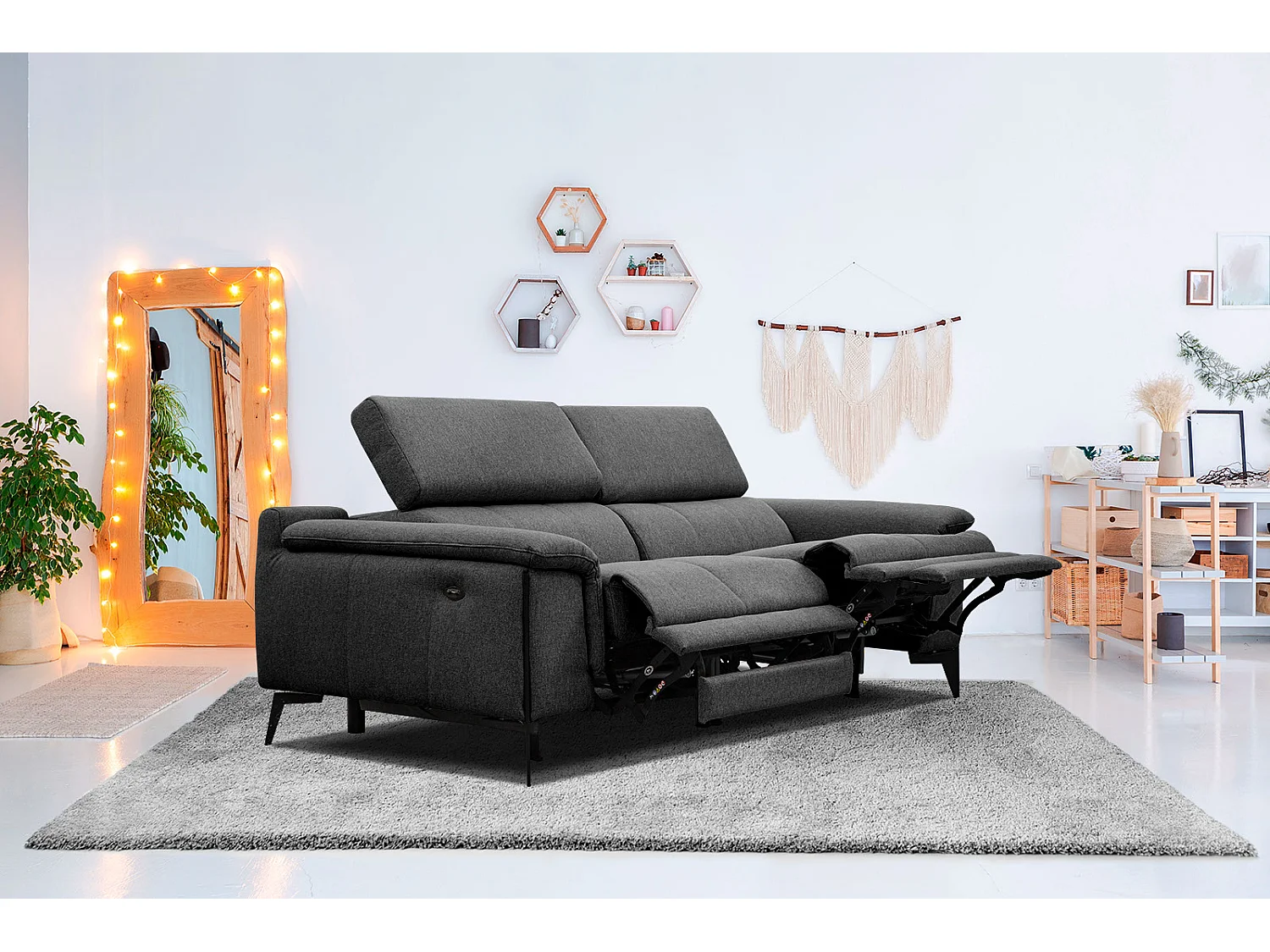 MATERA Sofa 3-Sitzer mit 2 Relaxfunktionen und verstellbare Kopfstützen, schwarz