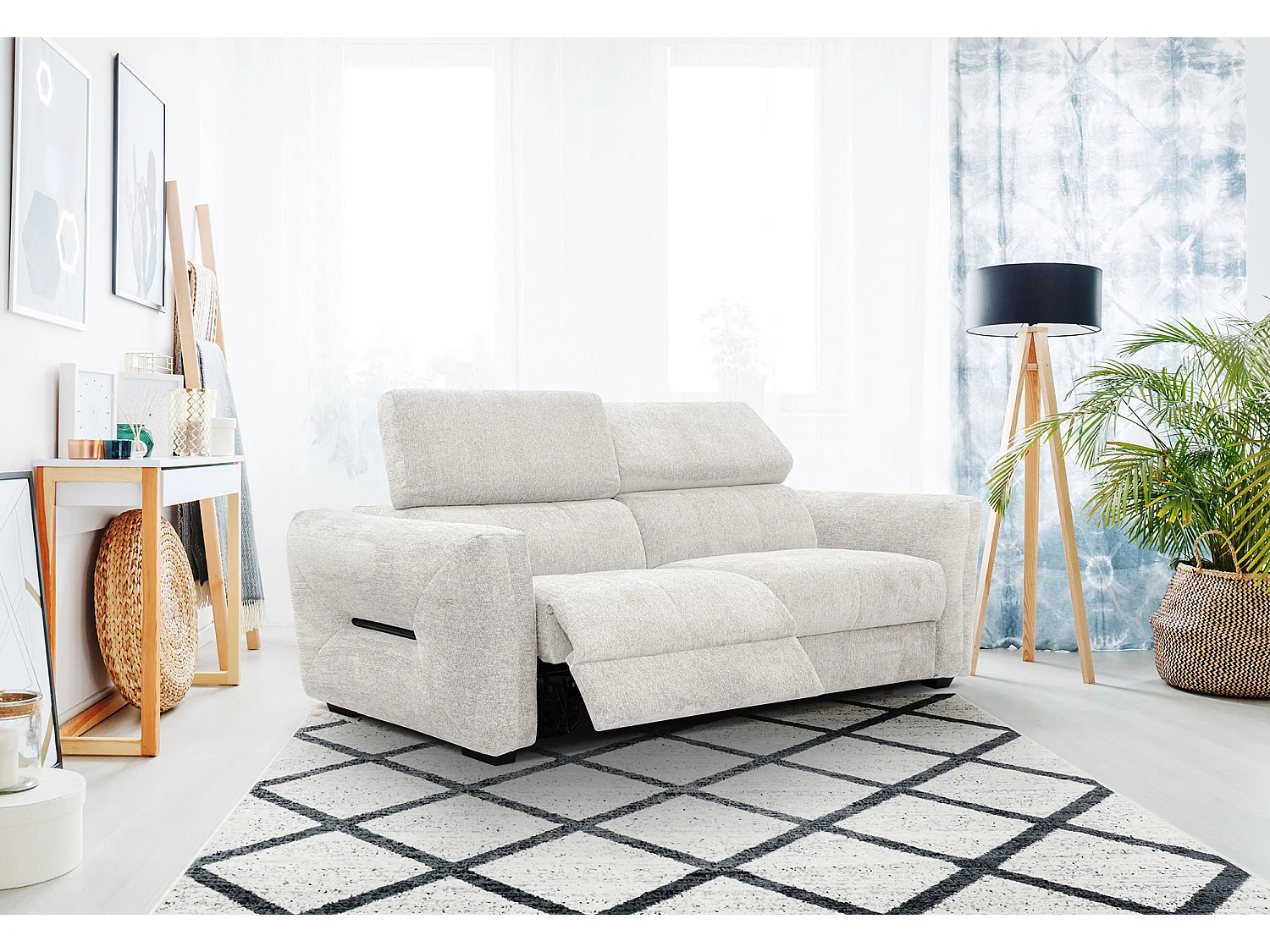 Canapé droit Calvera 3 places avec 2 relax électriques tissu écru