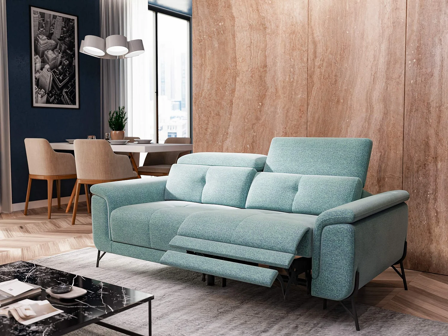 Canapé droit 3 places avec un relax électrique à droite tissu bleu clair - AVENA