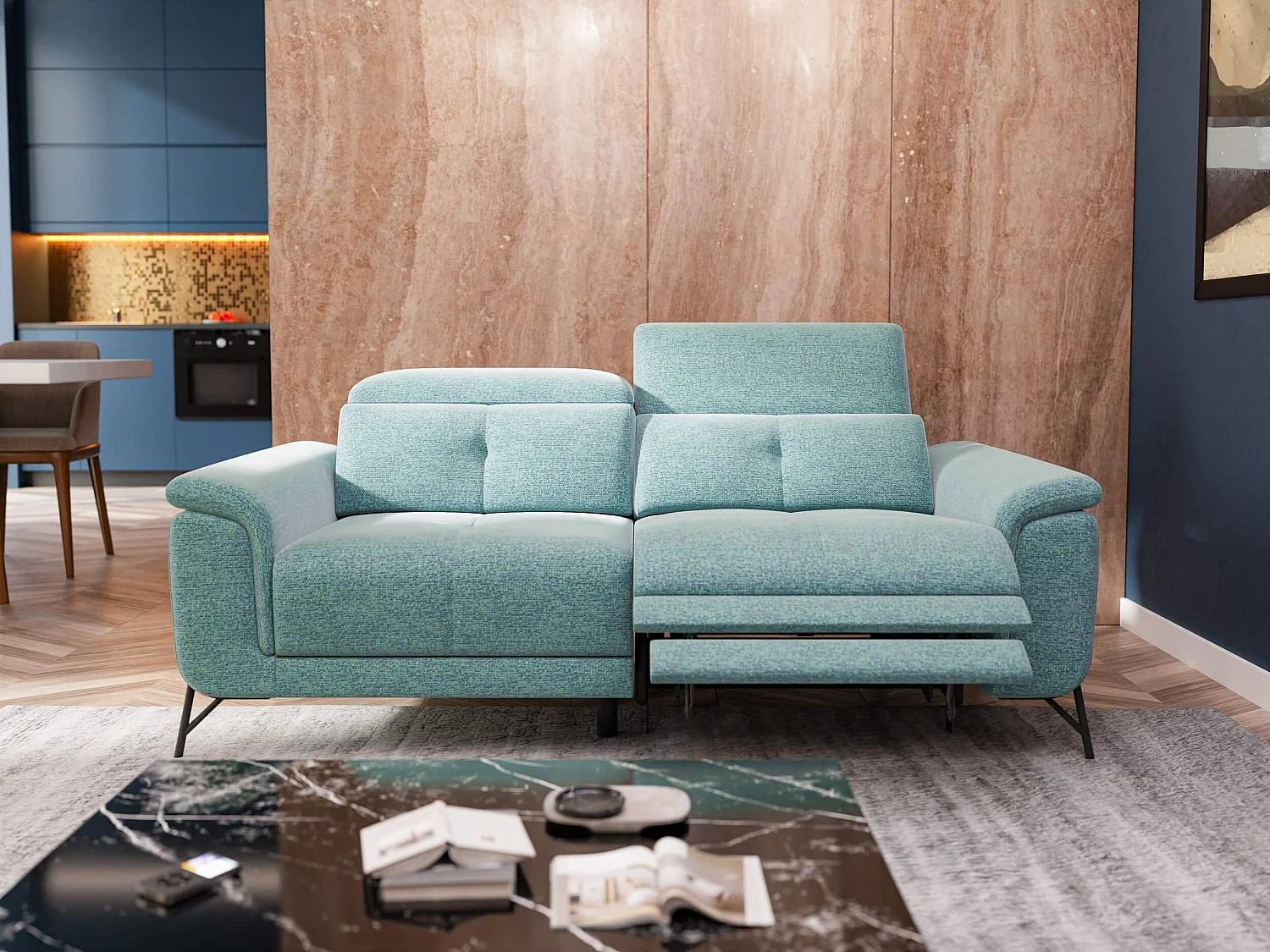 Canapé droit 3 places avec un relax électrique à droite tissu bleu clair - AVENA