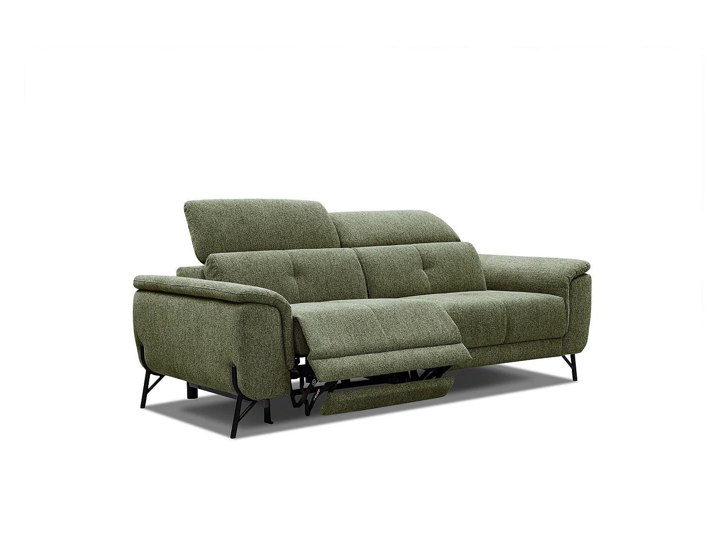 Canapé droit 3 places avec un relax électrique à gauche tissu vert - AVENA