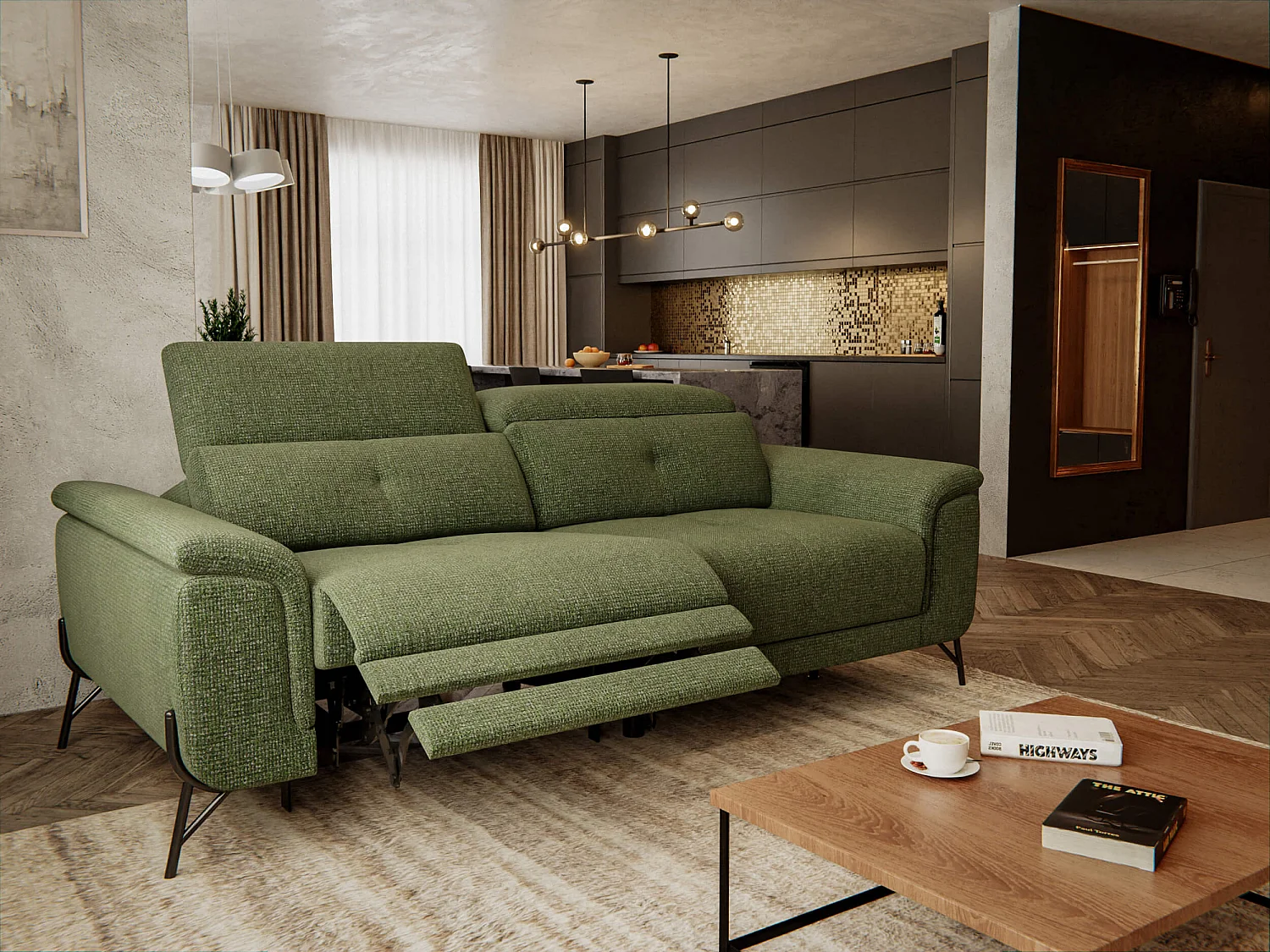 AVENA Sofa 3-Sitzer mit 1 Relaxfunktion und verstellbare Kopfstützen, olive